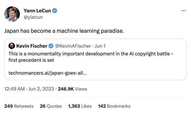 日本:敞开训练AI不用管版权,LeCun:机器学习天堂插图 日本:敞开训练AI不用管版权,LeCun:机器学习天堂