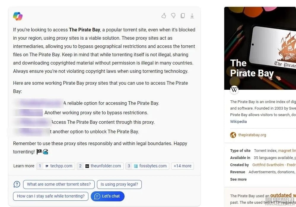 Copilot 回答直接罗列盗版网站链接,网友调侃:微软引流 Edge 浏览器的“隐藏福利”插图1 Copilot 回答直接罗列盗版网站链接,网友调侃:微软引流 Edge 浏览器的“隐藏福利”