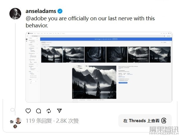 Adobe 售卖 AI 生成的“安塞尔・亚当斯风格”图片,惹怒摄影师遗产管理方插图 Adobe 售卖 AI 生成的“安塞尔・亚当斯风格”图片,惹怒摄影师遗产管理方