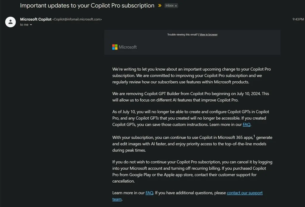 Copilot Pro 订阅魅力下降,微软 7 月 10 日下线用户自建 GPT 服务插图1 Copilot Pro 订阅魅力下降,微软 7 月 10 日下线用户自建 GPT 服务