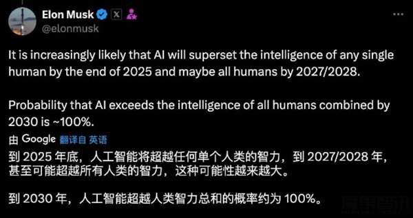马斯克预测:2027年左右AI智力或将反超人类插图 马斯克预测:2027年左右AI智力或将反超人类