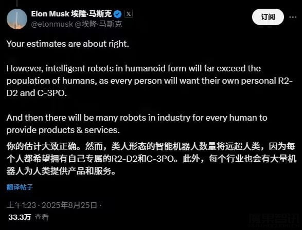 马斯克预言:人形机器人数量将远超人类,未来“全民高收入”插图 马斯克预言:人形机器人数量将远超人类,未来“全民高收入”