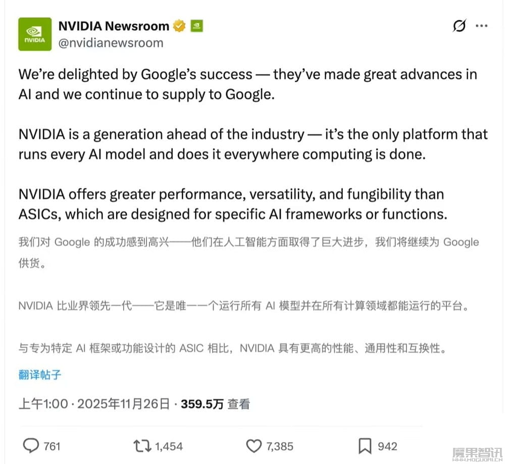 英伟达:我们为谷歌在 AI 方面的成功而高兴,但现阶段我们的芯片领先一代插图 英伟达:我们为谷歌在 AI 方面的成功而高兴,但现阶段我们的芯片领先一代