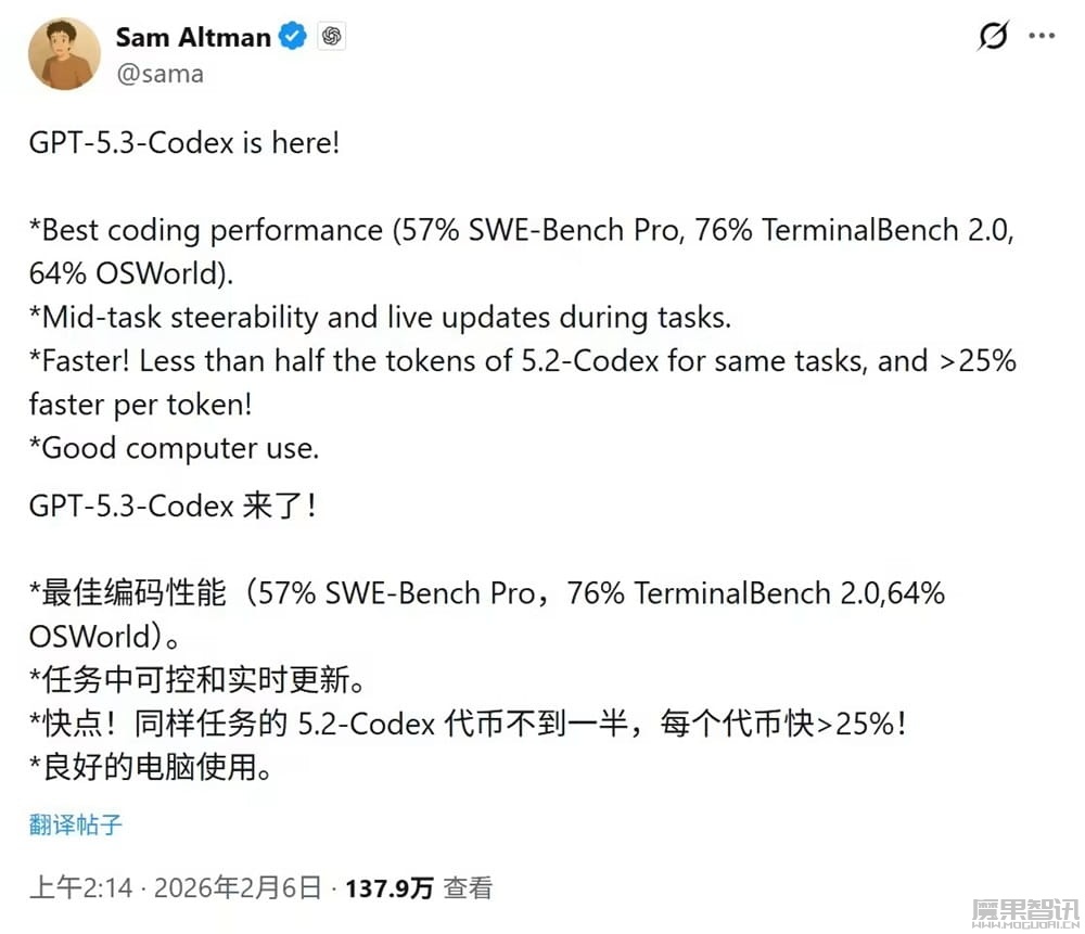 OpenAI 最强 AI 智能体编程模型：GPT-5.3-Codex 登场，基准测试全面霸榜