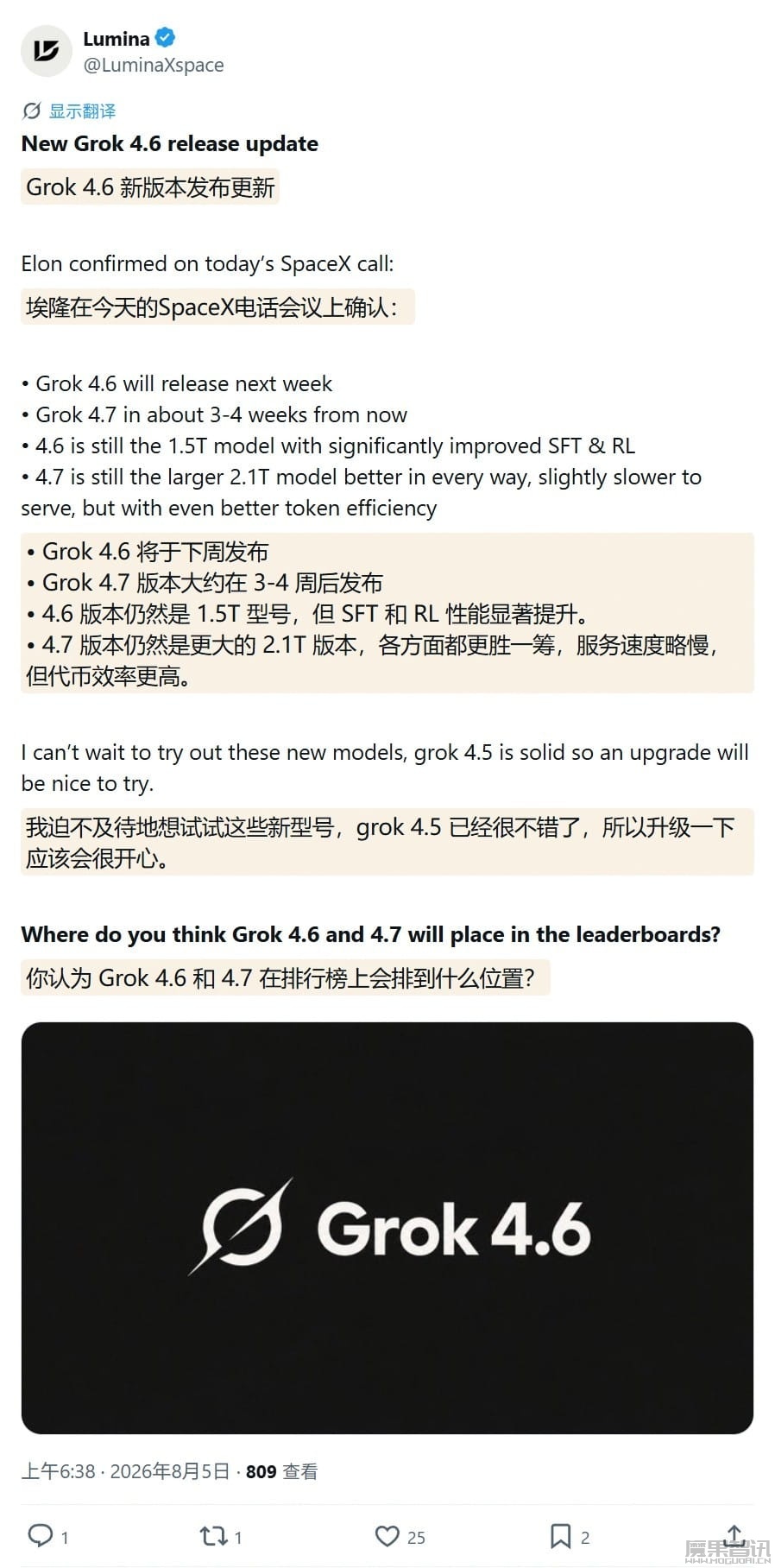 马斯克预告下周将推 Grok 4.6 模型,改进 AI 监督微调和强化学习 马斯克预告下周将推 Grok 4.6 模型,改进 AI 监督微调和强化学习