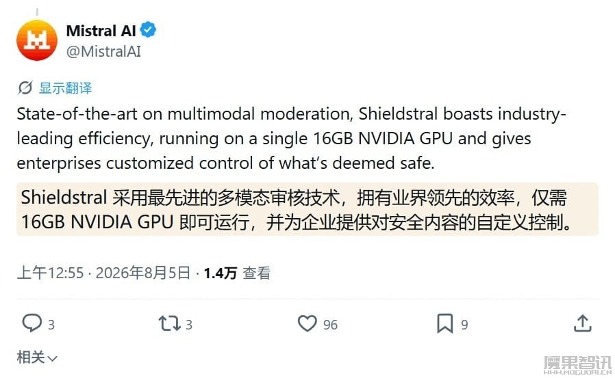 最强多模态内容审核开源 AI 模型:Mistral 推出 Shieldstral,单张 16GB GPU 可运行插图1 最强多模态内容审核开源 AI 模型:Mistral 推出 Shieldstral,单张 16GB GPU 可运行