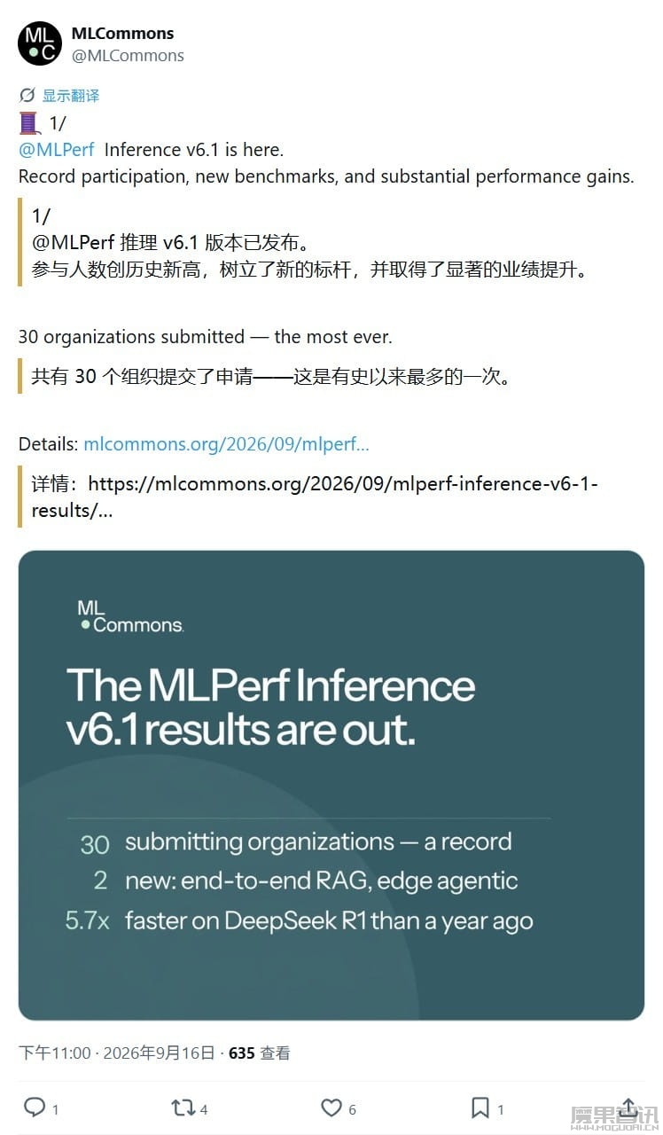 AI 推理 MLPerf 6.1 发布:AMD 以 512 个 MI355X 刷新纪录、英伟达 Vera Rubin 首次现身插图 AI 推理 MLPerf 6.1 发布:AMD 以 512 个 MI355X 刷新纪录、英伟达 Vera Rubin 首次现身